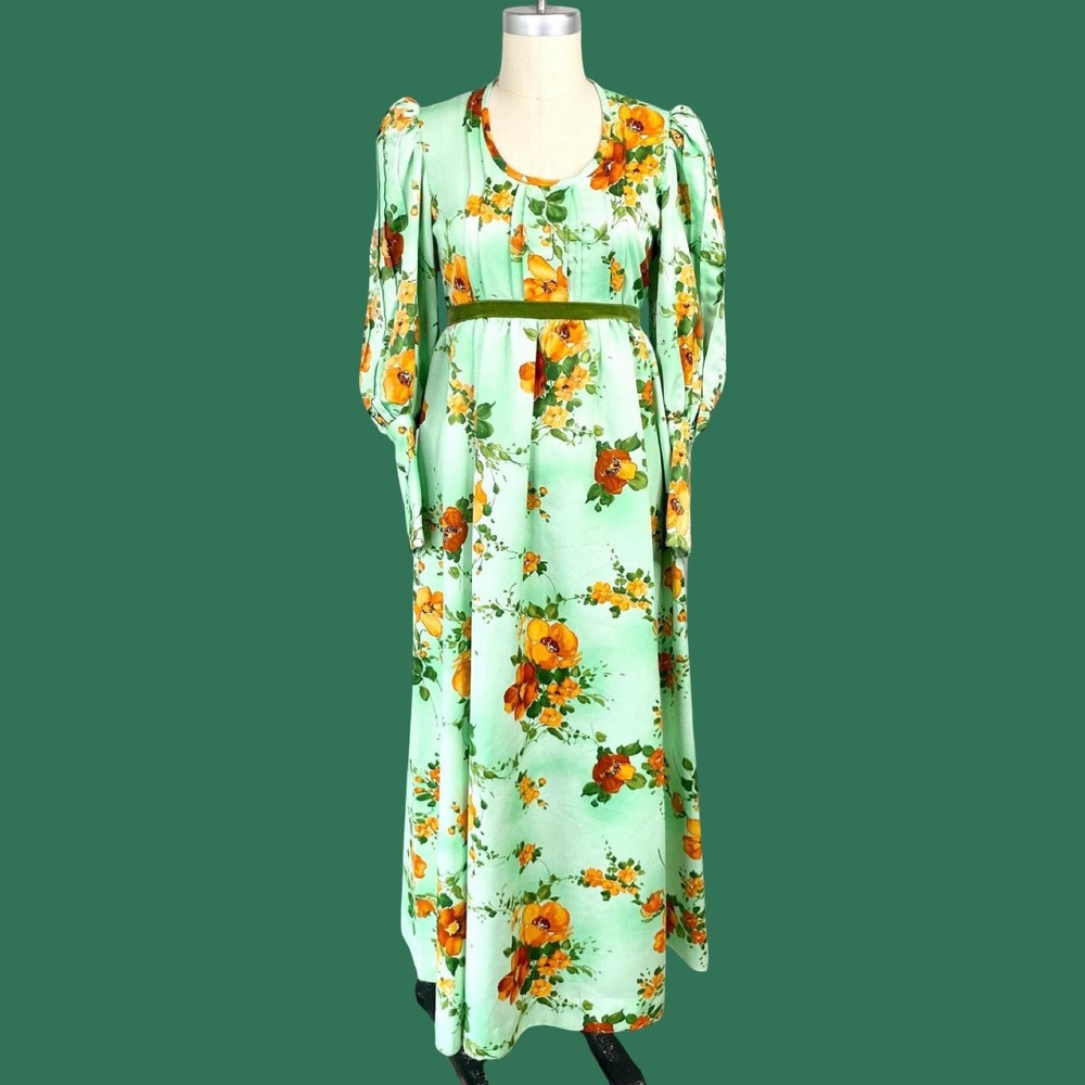 Vintage 70s Floral Maxi Dress Green Empire Waist Balloon Sleeve XS S Handmade